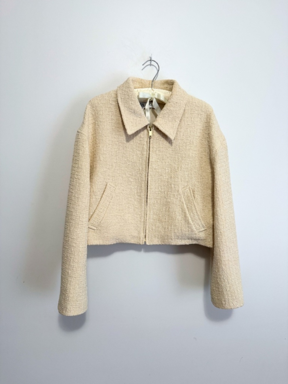 Zara Woven Cropped Bomber Jacket Ecru Cream L